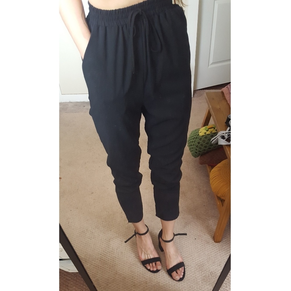 High rise straw string stretchy waist band pants